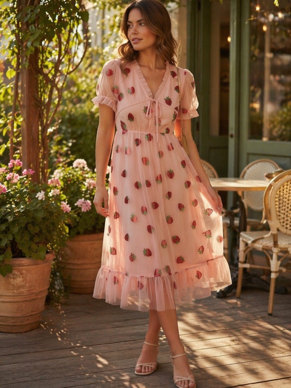 Pink Strawberry Print Mesh Midi Dress Puff Sleeve Cottagecore Sheer Overlay S